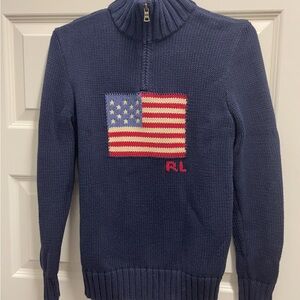 Polo Ralph Lauren Blue Zip-Up Sweater with Flag Design